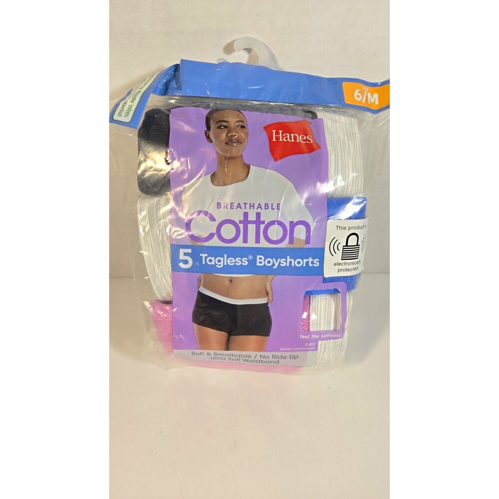 Hanes Tagless Cotton Boyshort Panties 5-Pack Multicolor Solid Size 6 M